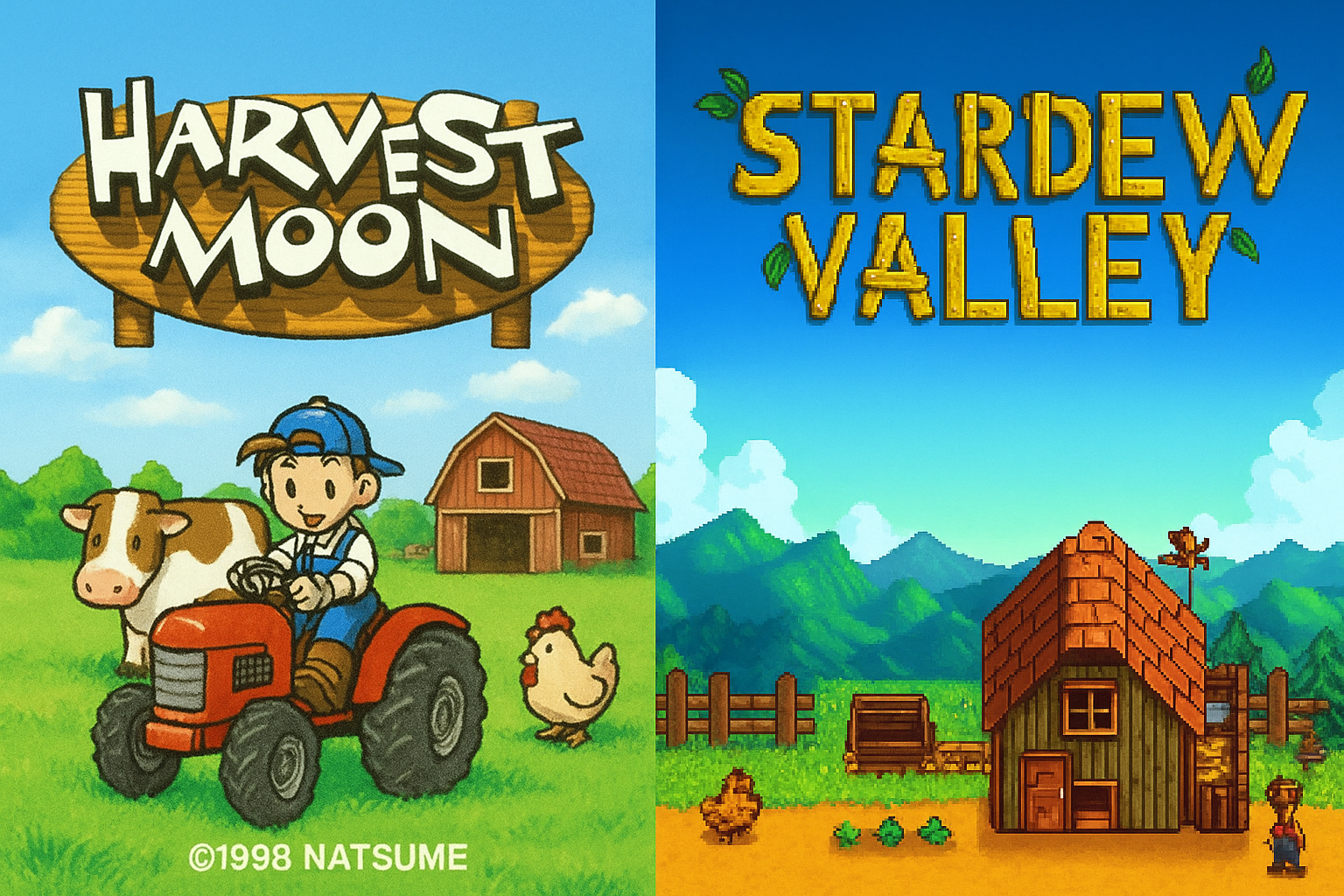 Comparação visual entre Harvest Moon e Stardew Valley, com artes estilizadas lado a lado.